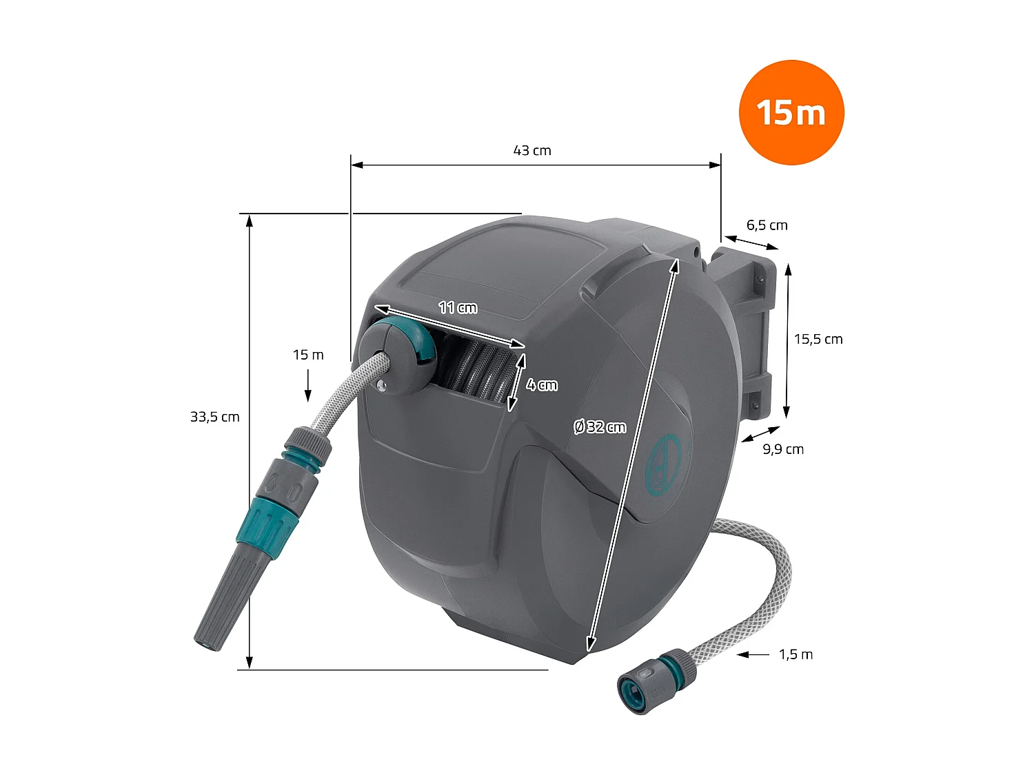 ECD Germany Avvolgitubo da 15 m+1,5 m grigio portagomma a parete RollUp con arresto di sicurezza e 9 funzioni orientabile 180° avvolgitore da giardino