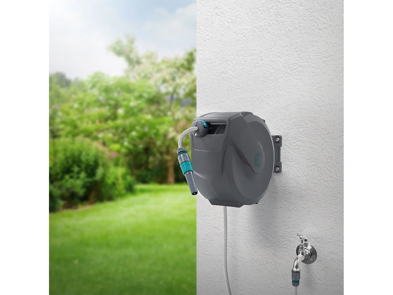 ECD Germany Avvolgitubo da 15 m+1,5 m grigio portagomma a parete RollUp con arresto di sicurezza e 9 funzioni orientabile 180° avvolgitore da giardino