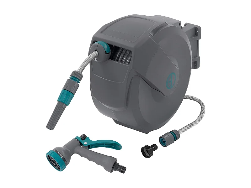 ECD Germany Avvolgitubo da 15 m+1,5 m grigio portagomma a parete RollUp con arresto di sicurezza e 9 funzioni orientabile 180° avvolgitore da giardino