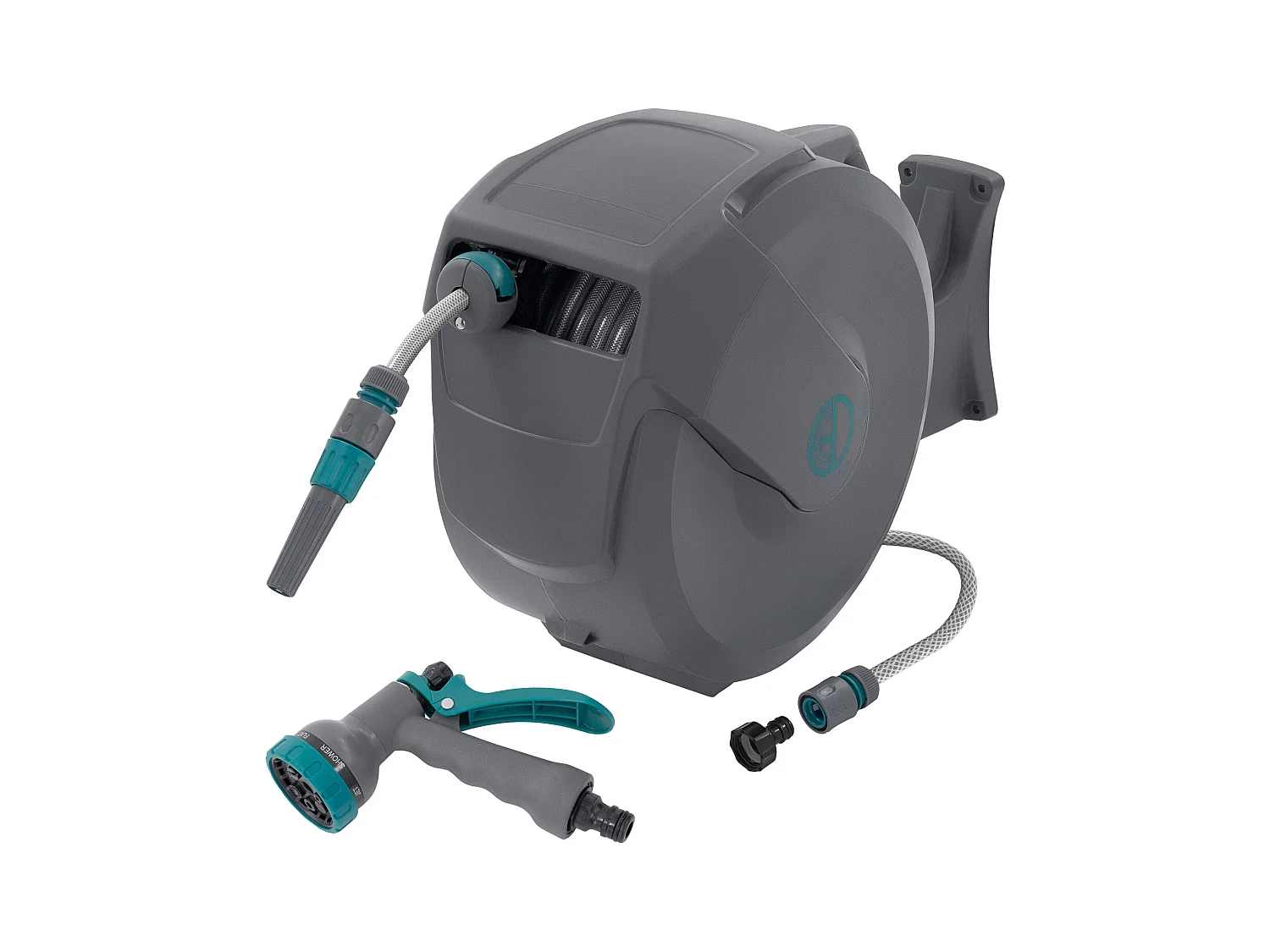 Enrouleur de tuyau d'arrosage mural 30m + 2m pivotant à 180° rétraction automatique fonction d'arrêt 9 fonctions de pulvérisation en PVC/plastique