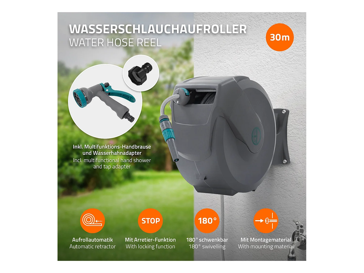 Enrouleur de tuyau d'arrosage mural 30m + 2m pivotant à 180° rétraction automatique fonction d'arrêt 9 fonctions de pulvérisation en PVC/plastique