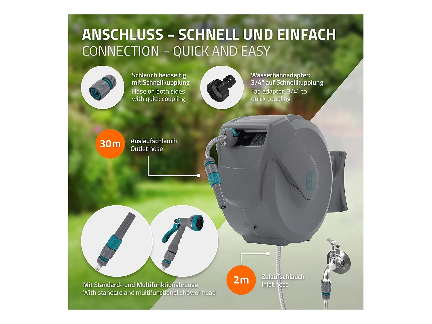 Enrouleur de tuyau d'arrosage mural 30m + 2m pivotant à 180° rétraction automatique fonction d'arrêt 9 fonctions de pulvérisation en PVC/plastique