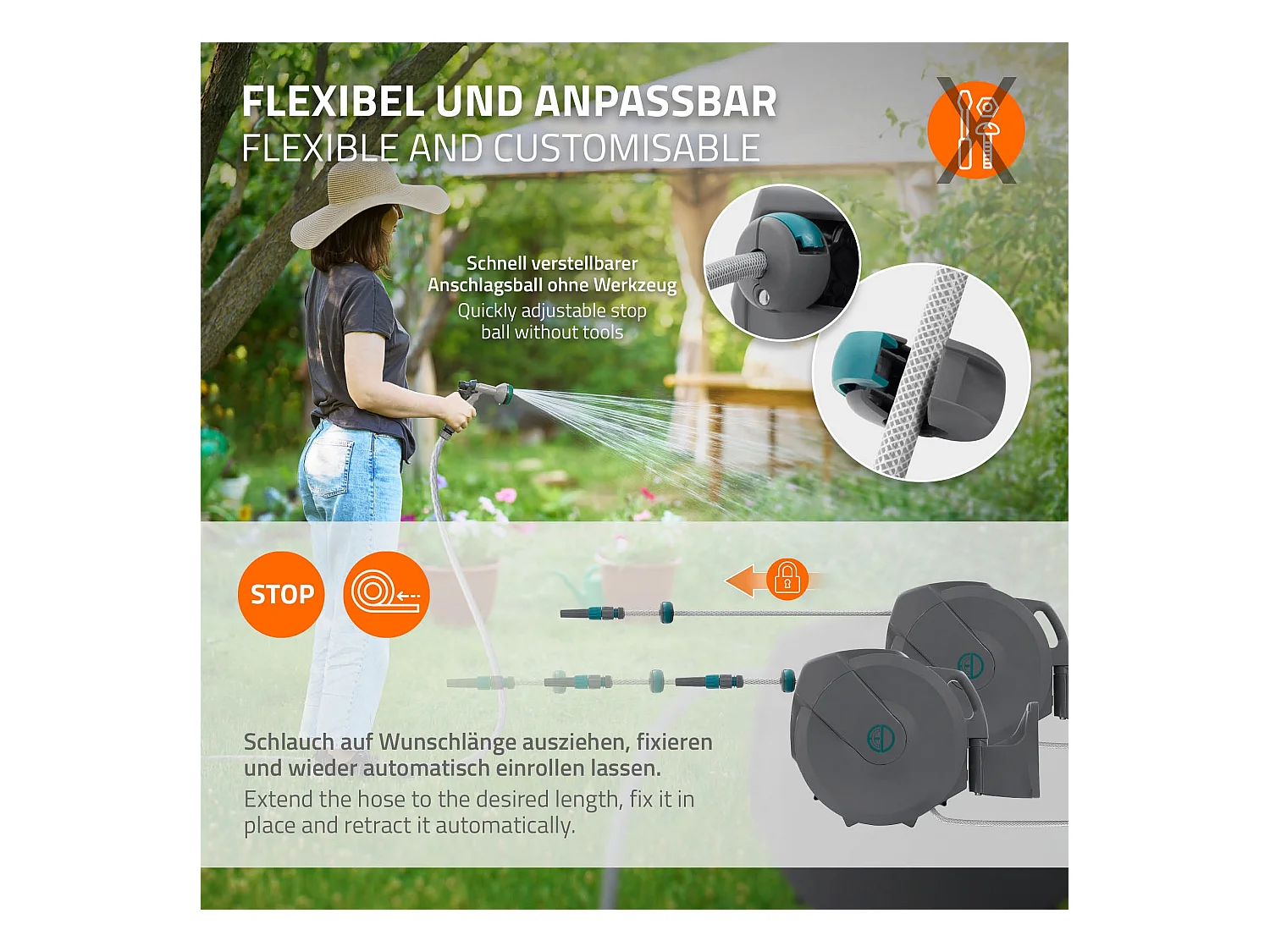 Enrouleur de tuyau d'arrosage mural 30m + 2m pivotant à 180° rétraction automatique fonction d'arrêt 9 fonctions de pulvérisation en PVC/plastique
