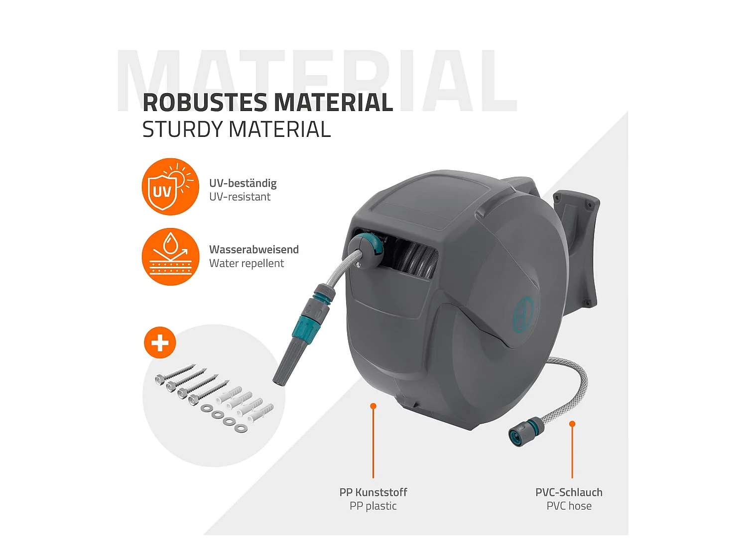 Enrouleur de tuyau d'arrosage mural 30m + 2m pivotant à 180° rétraction automatique fonction d'arrêt 9 fonctions de pulvérisation en PVC/plastique