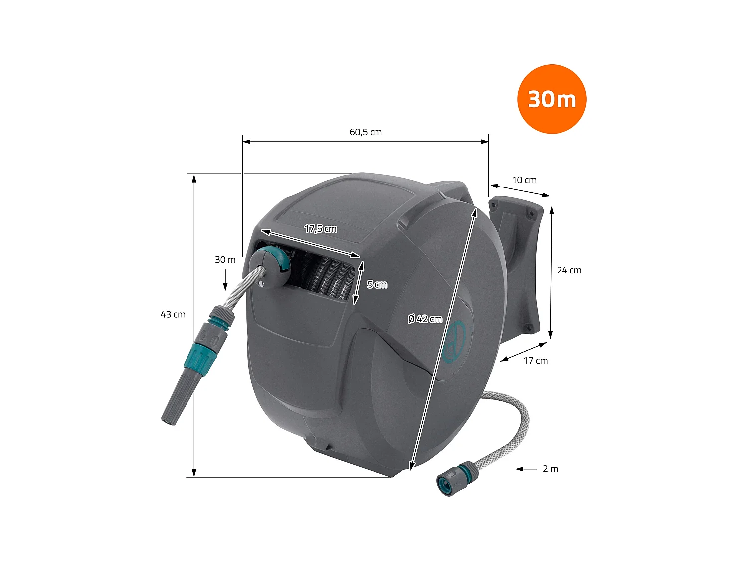 Enrouleur de tuyau d'arrosage mural 30m + 2m pivotant à 180° rétraction automatique fonction d'arrêt 9 fonctions de pulvérisation en PVC/plastique