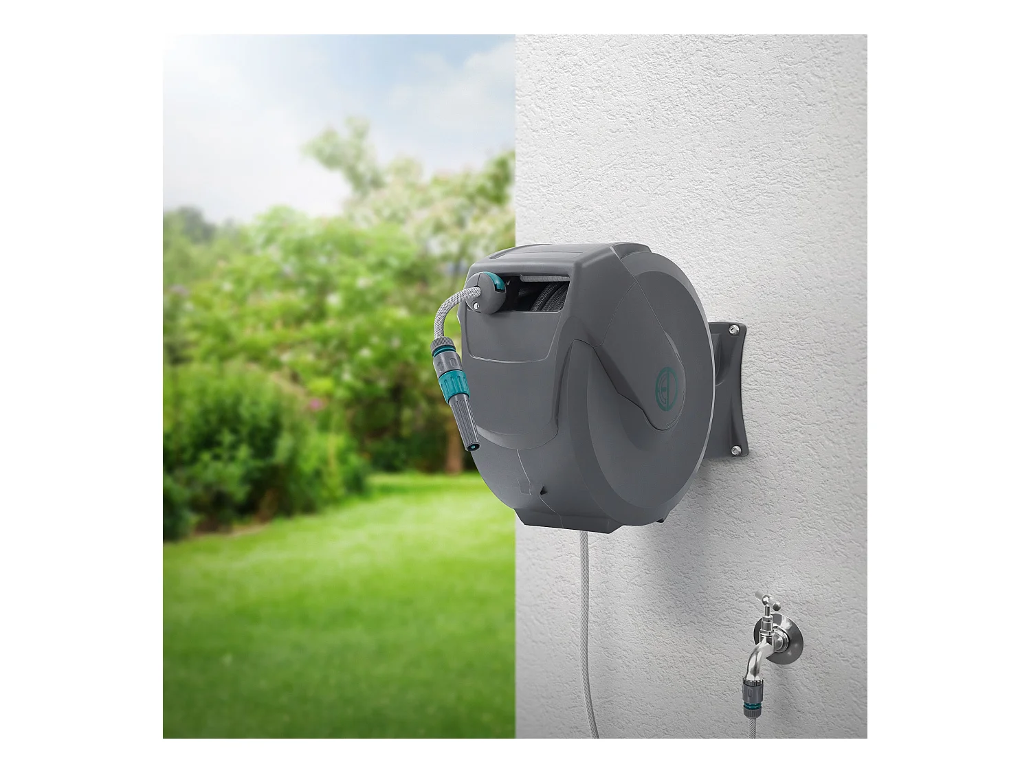 Enrouleur de tuyau d'arrosage mural 30m + 2m pivotant à 180° rétraction automatique fonction d'arrêt 9 fonctions de pulvérisation en PVC/plastique