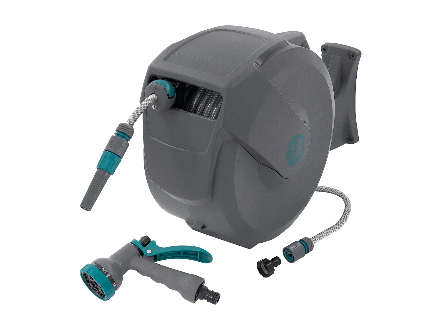 ECD Germany Avvolgitubo da 30 m+2 m grigio portagomma a parete RollUp con arresto di sicurezza e 9 funzioni orientabile 180° avvolgitore da giardino