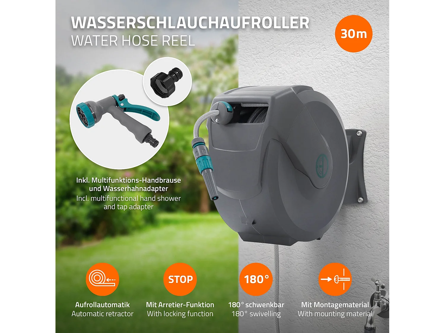 ECD Germany Avvolgitubo da 30 m+2 m grigio portagomma a parete RollUp con arresto di sicurezza e 9 funzioni orientabile 180° avvolgitore da giardino