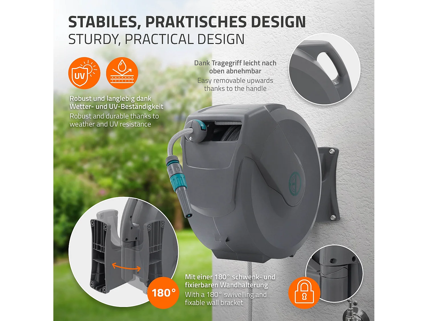 ECD Germany Avvolgitubo da 30 m+2 m grigio portagomma a parete RollUp con arresto di sicurezza e 9 funzioni orientabile 180° avvolgitore da giardino