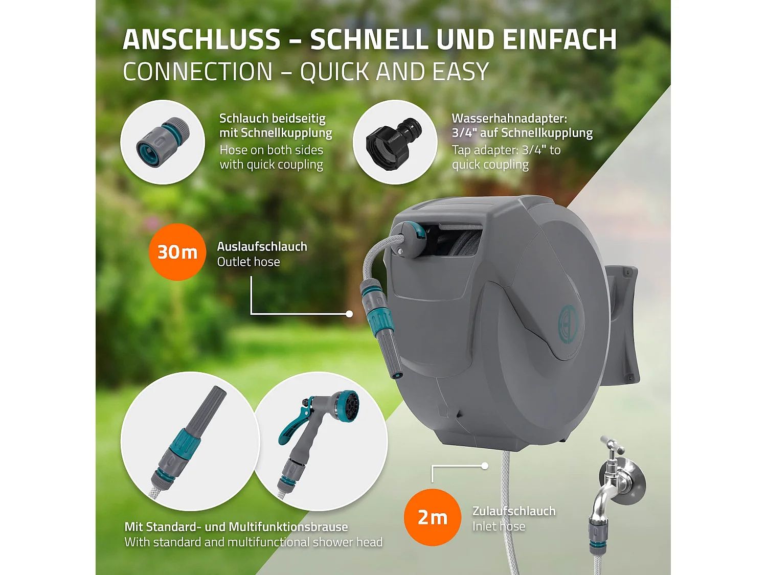 ECD Germany Avvolgitubo da 30 m+2 m grigio portagomma a parete RollUp con arresto di sicurezza e 9 funzioni orientabile 180° avvolgitore da giardino