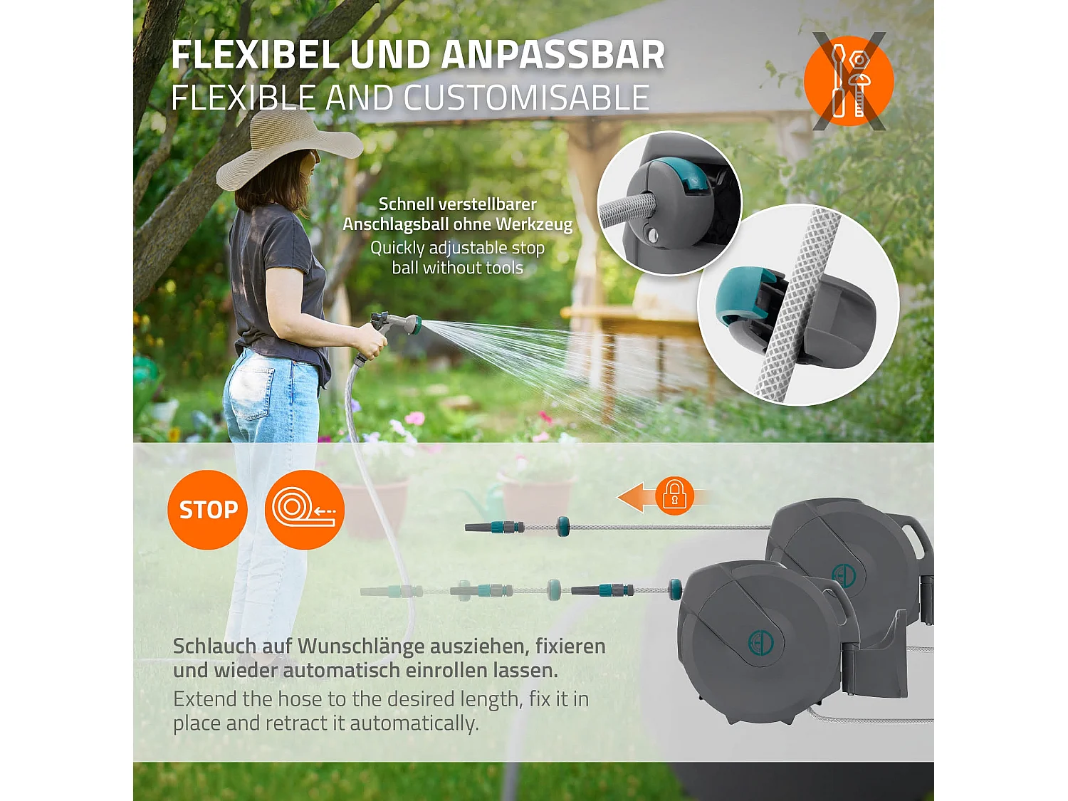 ECD Germany Avvolgitubo da 30 m+2 m grigio portagomma a parete RollUp con arresto di sicurezza e 9 funzioni orientabile 180° avvolgitore da giardino