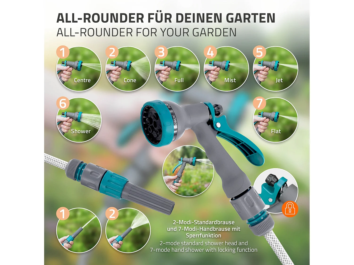 ECD Germany Avvolgitubo da 30 m+2 m grigio portagomma a parete RollUp con arresto di sicurezza e 9 funzioni orientabile 180° avvolgitore da giardino