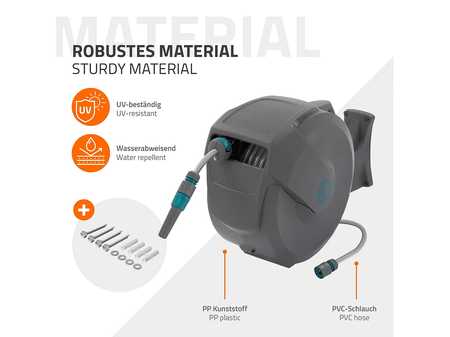 ECD Germany Avvolgitubo da 30 m+2 m grigio portagomma a parete RollUp con arresto di sicurezza e 9 funzioni orientabile 180° avvolgitore da giardino