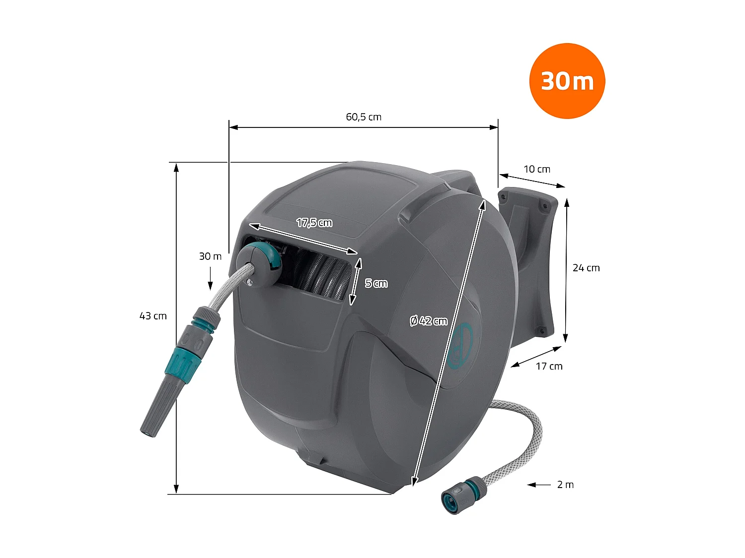 ECD Germany Avvolgitubo da 30 m+2 m grigio portagomma a parete RollUp con arresto di sicurezza e 9 funzioni orientabile 180° avvolgitore da giardino