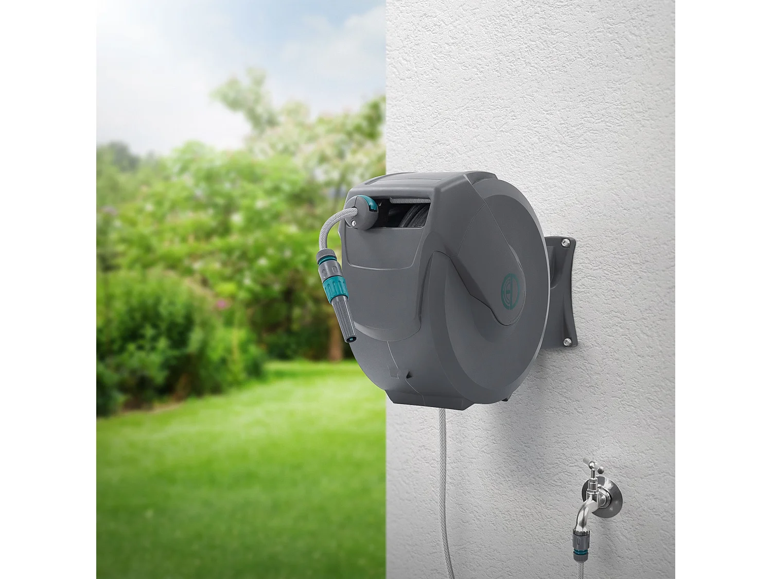 ECD Germany Avvolgitubo da 30 m+2 m grigio portagomma a parete RollUp con arresto di sicurezza e 9 funzioni orientabile 180° avvolgitore da giardino