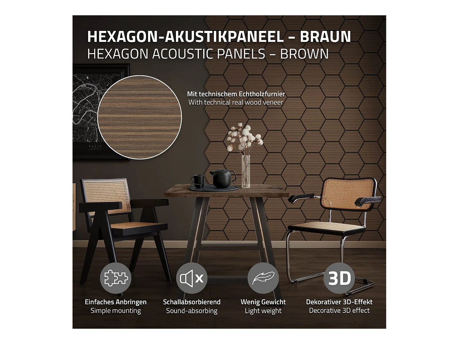 Lot de 2 panneaux acoustiques 66x81x2cm 1m² motif bois brun hexagonal MDF isolation sonore dalle phonique insonorisante cloisons murales anti-bruit