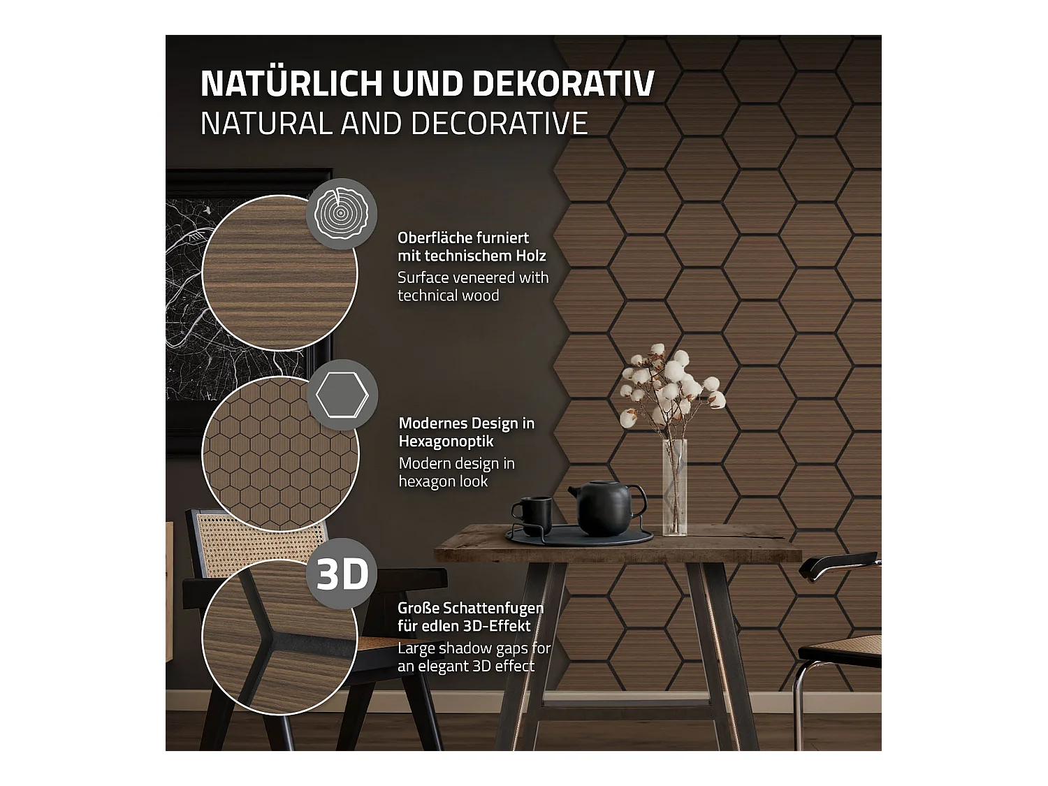 Lot de 2 panneaux acoustiques 66x81x2cm 1m² motif bois brun hexagonal MDF isolation sonore dalle phonique insonorisante cloisons murales anti-bruit