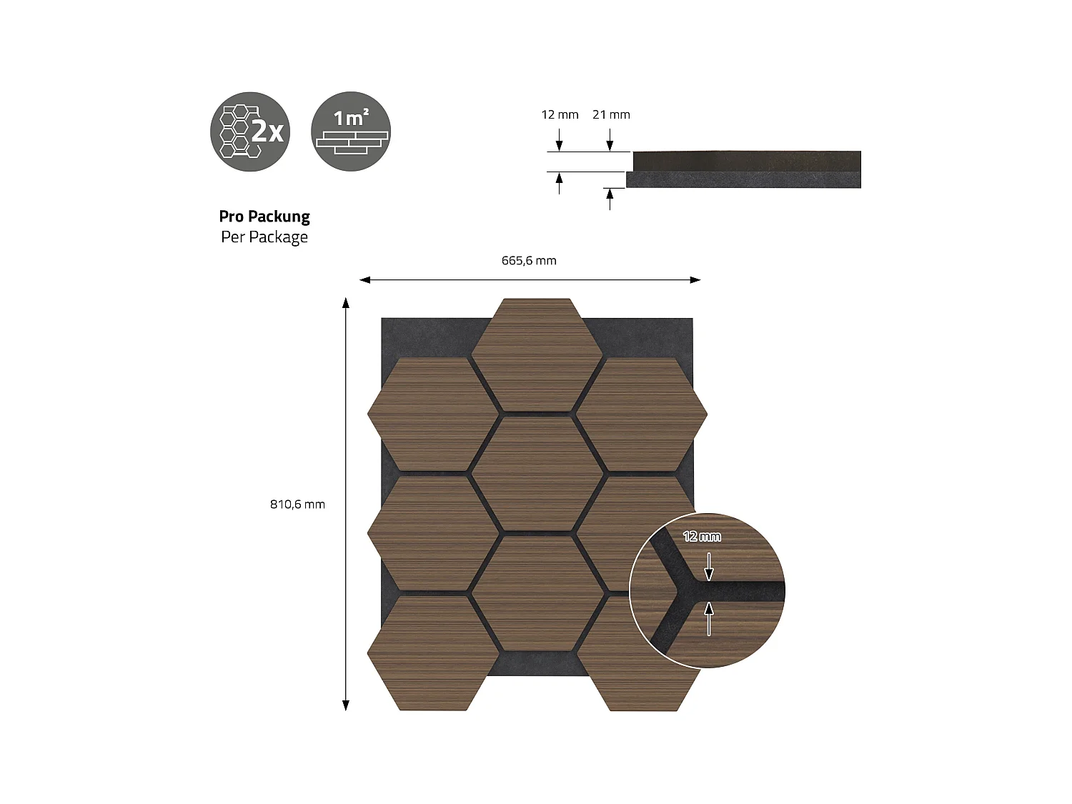 Lot de 2 panneaux acoustiques 66x81x2cm 1m² motif bois brun hexagonal MDF isolation sonore dalle phonique insonorisante cloisons murales anti-bruit