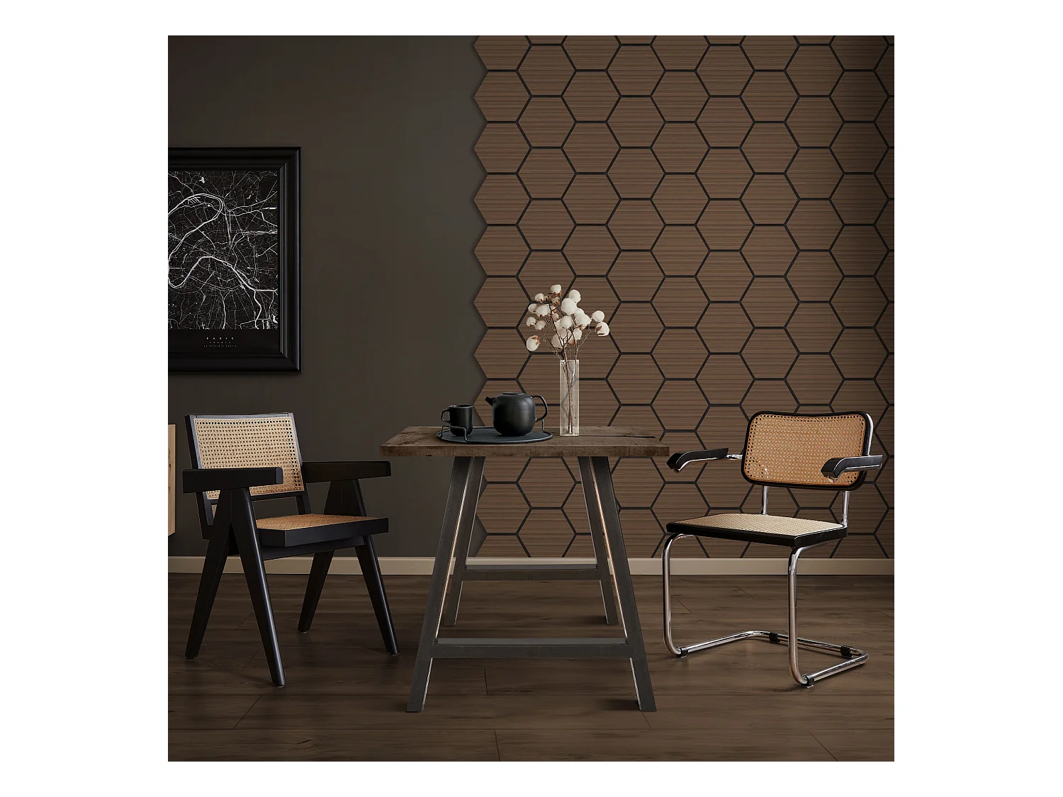 Lot de 2 panneaux acoustiques 66x81x2cm 1m² motif bois brun hexagonal MDF isolation sonore dalle phonique insonorisante cloisons murales anti-bruit