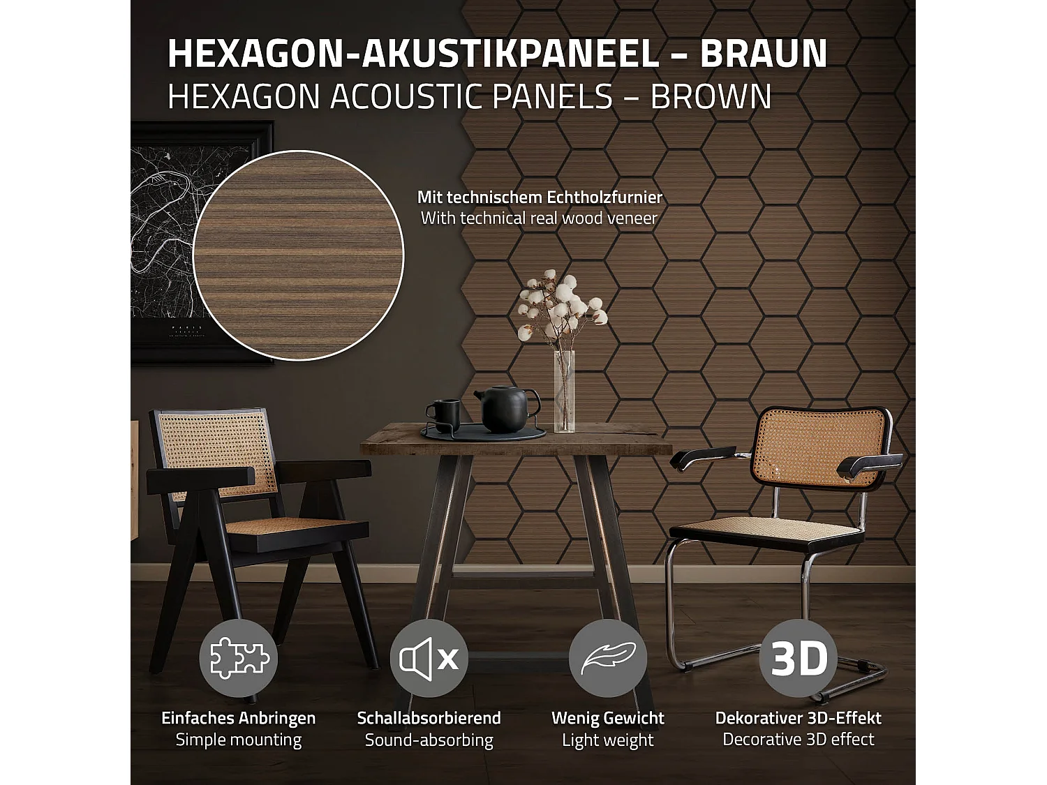 ML-Design 2x Pannelli acustici esagonali marrone 66 x 81 x 2 cm per isolamento sonoro pareti porte soffitti decorazione ambienti uffici studi interni