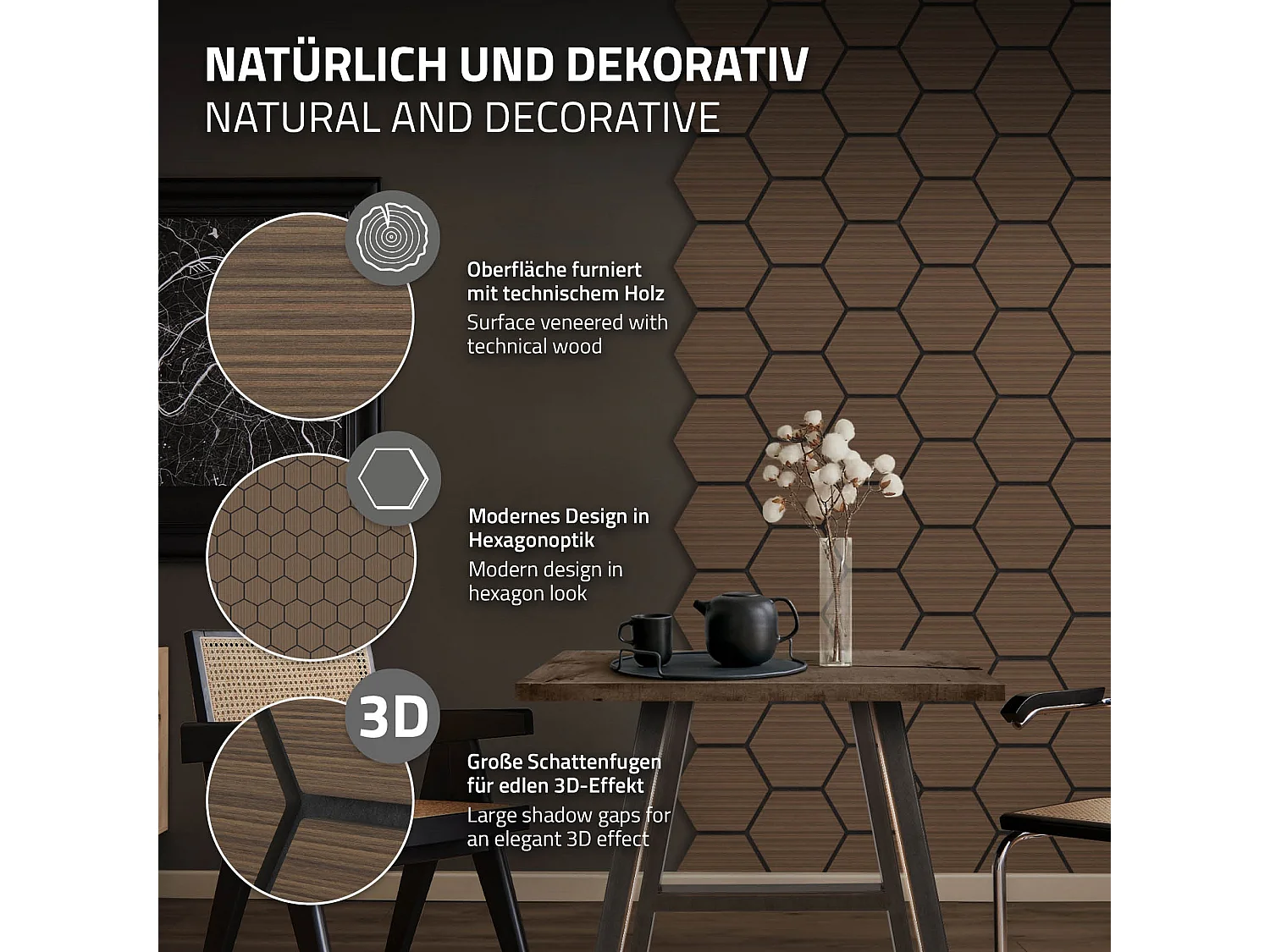 ML-Design 2x Pannelli acustici esagonali marrone 66 x 81 x 2 cm per isolamento sonoro pareti porte soffitti decorazione ambienti uffici studi interni