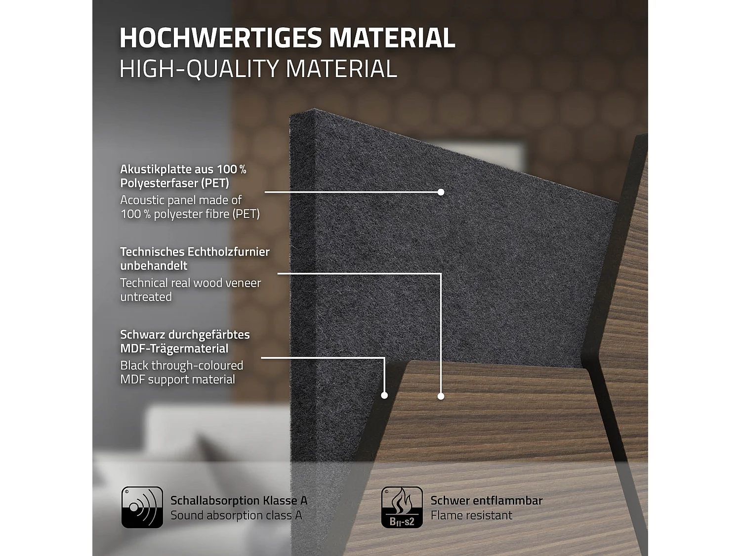 ML-Design 2x Pannelli acustici esagonali marrone 66 x 81 x 2 cm per isolamento sonoro pareti porte soffitti decorazione ambienti uffici studi interni