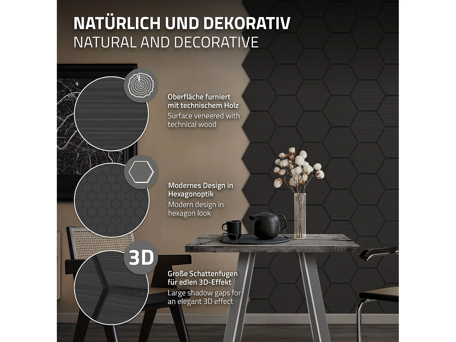 Lot de 2 panneaux acoustiques 66x81x2cm 1m² motif bois noir hexagonal MDF isolation sonore dalle phonique insonorisante cloisons murales anti-bruit