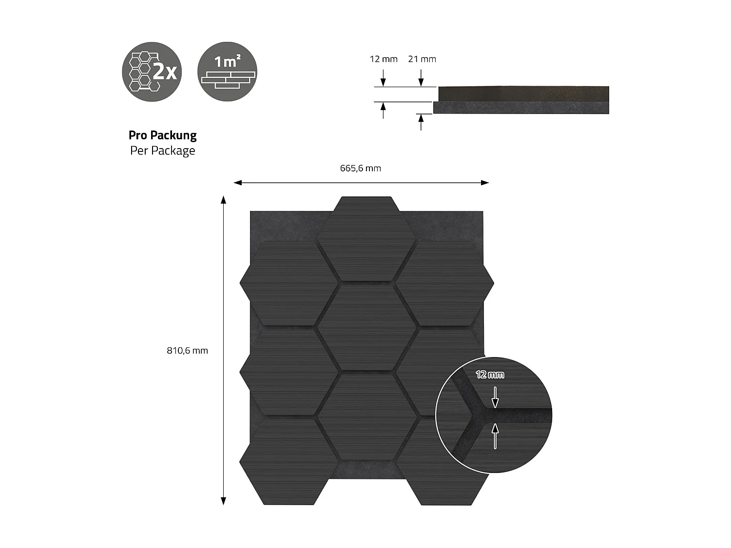 Lot de 2 panneaux acoustiques 66x81x2cm 1m² motif bois noir hexagonal MDF isolation sonore dalle phonique insonorisante cloisons murales anti-bruit
