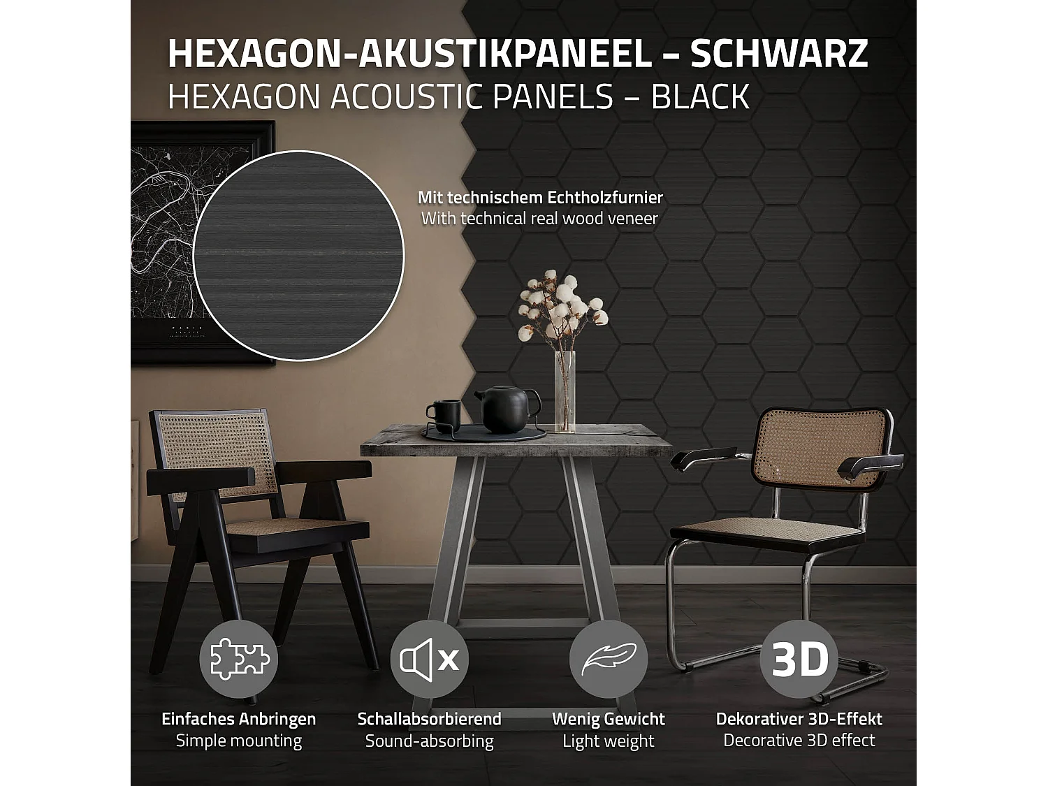 Lot de 2 panneaux acoustiques 66x81x2cm 1m² motif bois noir hexagonal MDF isolation sonore dalle phonique insonorisante cloisons murales anti-bruit