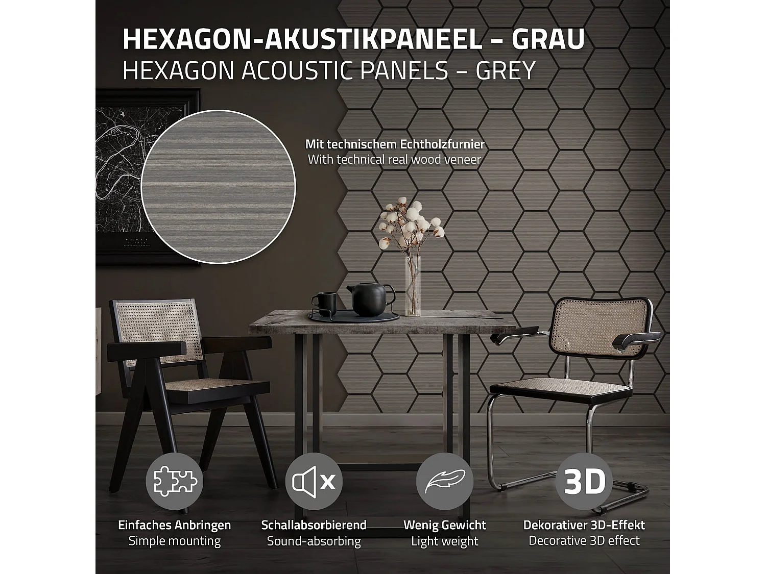 Lot de 2 panneaux acoustiques 66x81x2cm 1m² motif bois gris hexagonal MDF isolation sonore dalle phonique insonorisante cloisons murales anti-bruit
