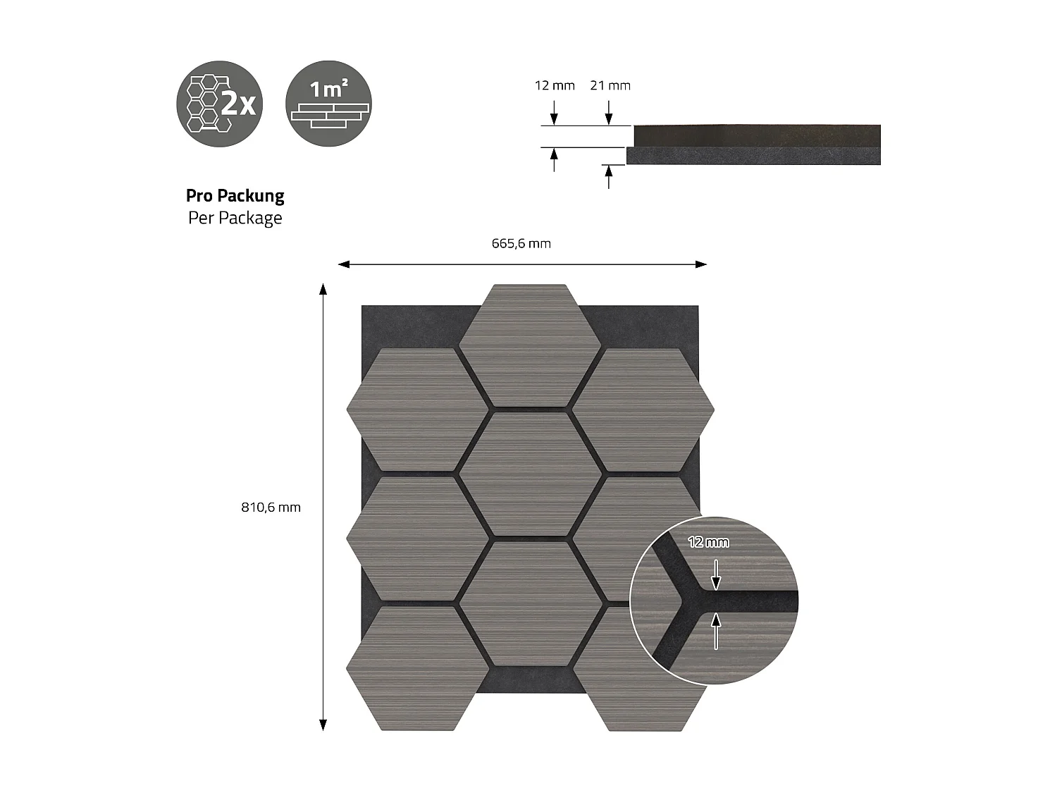 Lot de 2 panneaux acoustiques 66x81x2cm 1m² motif bois gris hexagonal MDF isolation sonore dalle phonique insonorisante cloisons murales anti-bruit