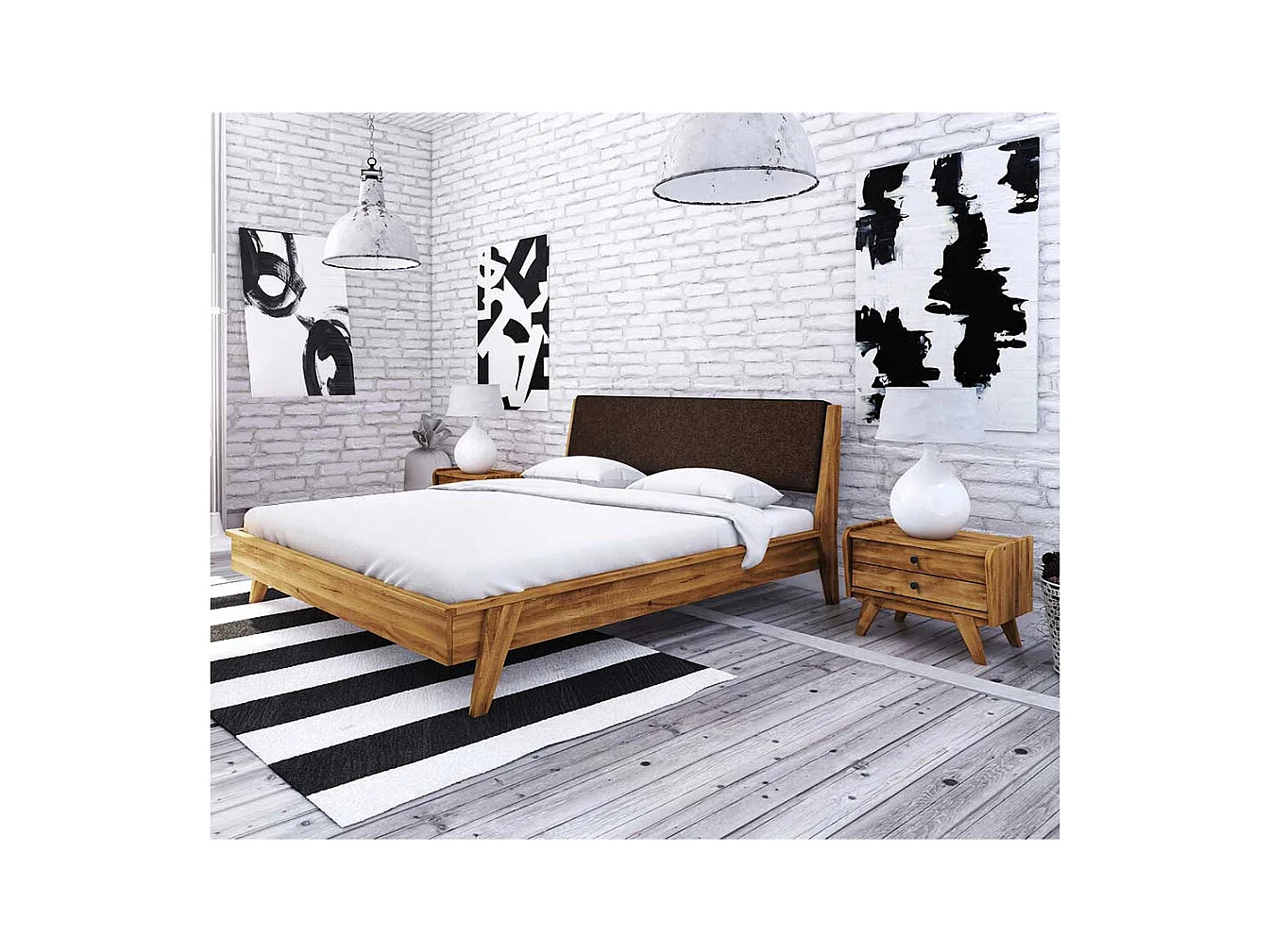 Schlafzimmer Bett aus Wildeiche Massivholz Retro Design (dreiteilig)