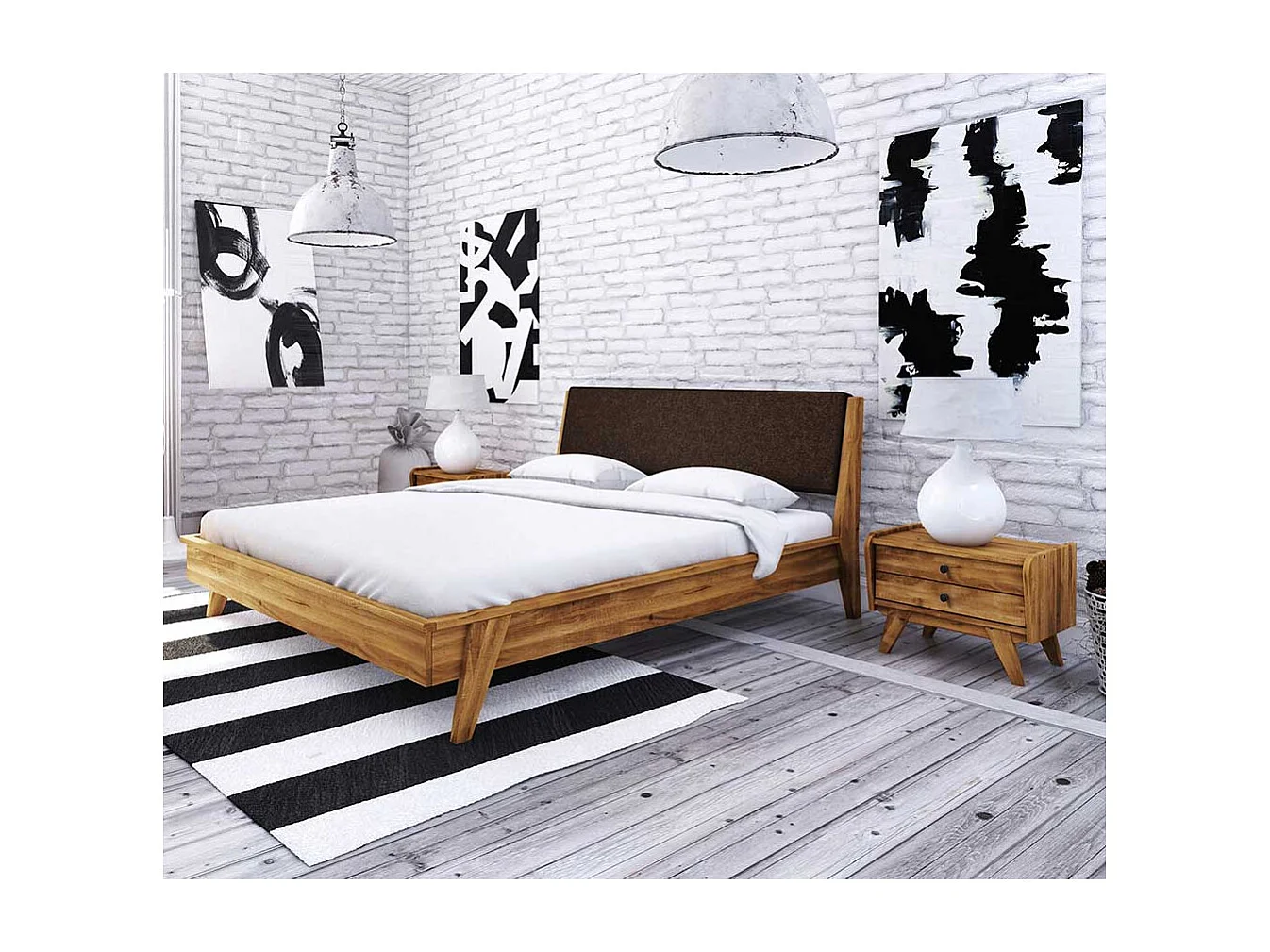 Schlafzimmer Bett aus Wildeiche Massivholz Retro Design (dreiteilig)