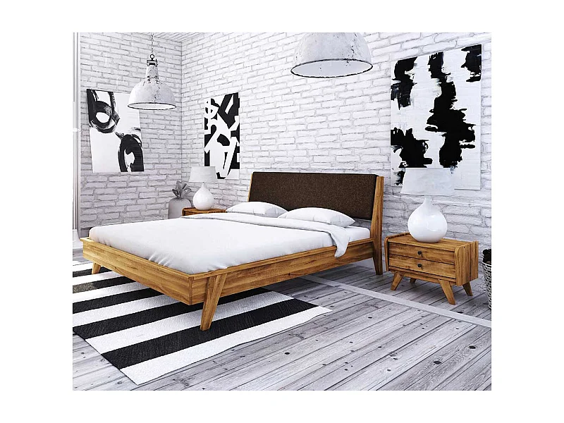 Schlafzimmer Bett aus Wildeiche Massivholz Retro Design (dreiteilig)