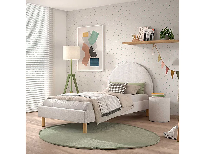 Weißes Polsterbett im Skandi Design Boucle Stoff