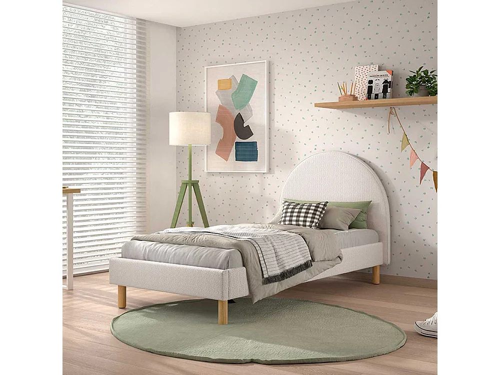 Weißes Polsterbett im Skandi Design Boucle Stoff