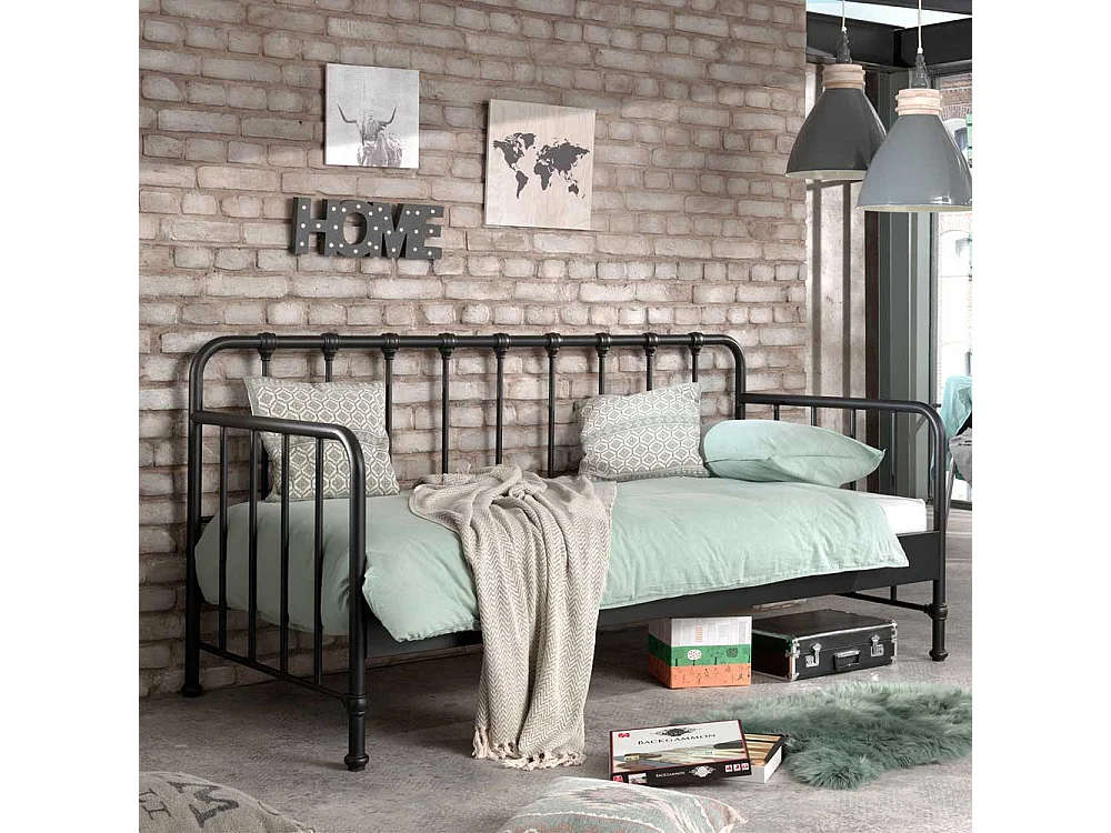 Retro Einzelbett aus Eisen Schwarz pulverbeschichtet