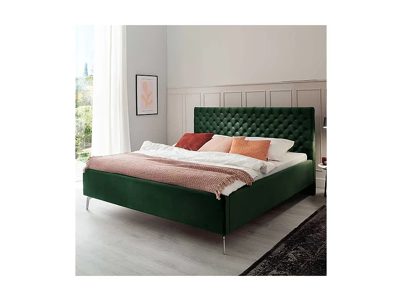 Polsterbett mit Lattenrosten und Bettkasten Dunkelgrün und Chrom
