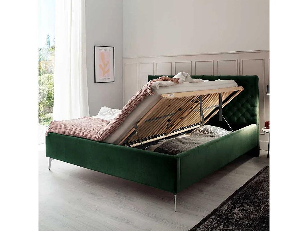 Polsterbett mit Lattenrosten und Bettkasten Dunkelgrün und Chrom