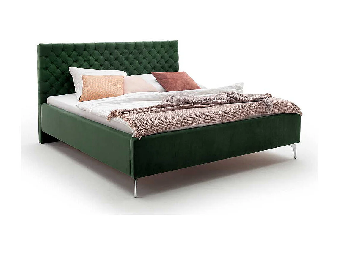 Polsterbett mit Lattenrosten und Bettkasten Dunkelgrün und Chrom