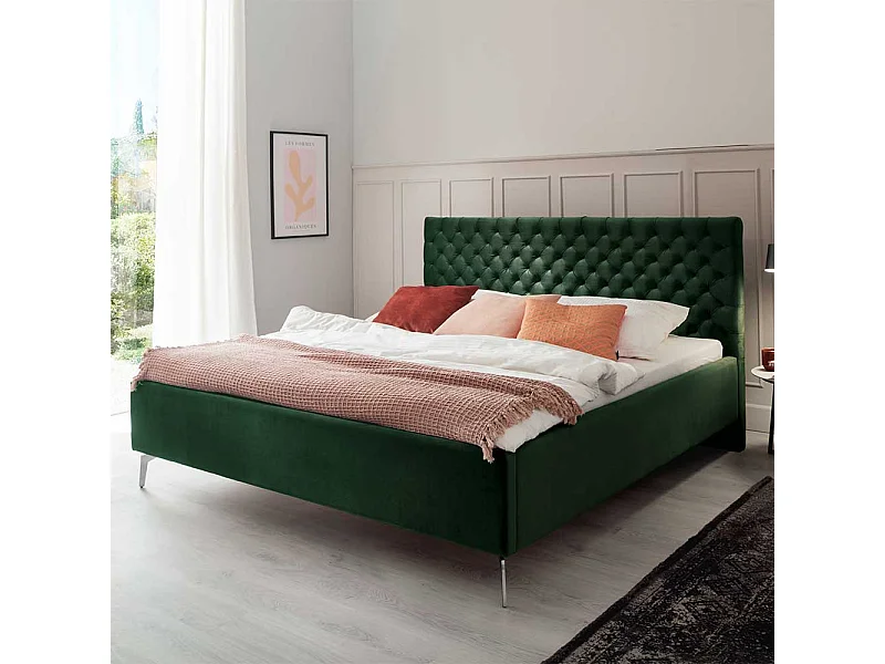 Polsterbett mit Lattenrosten und Bettkasten Dunkelgrün und Chrom