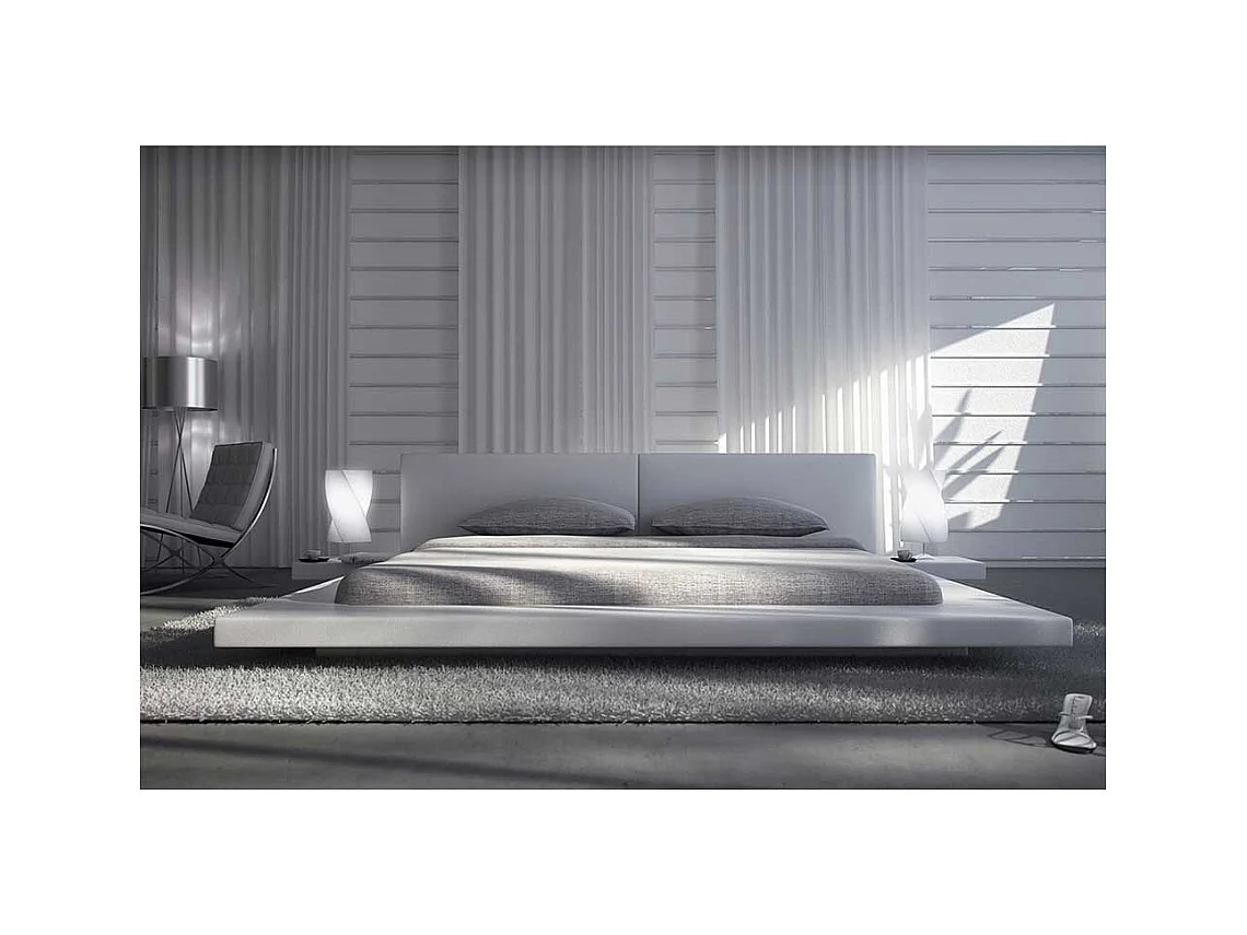Flaches Bett in Weiß Kunstleder LED Beleuchtung