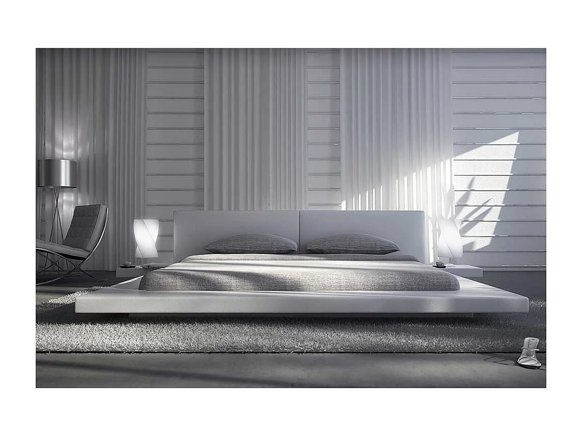 Flaches Bett in Weiß Kunstleder LED Beleuchtung