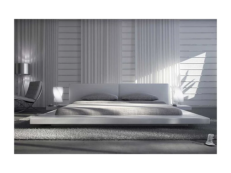 Flaches Bett in Weiß Kunstleder LED Beleuchtung