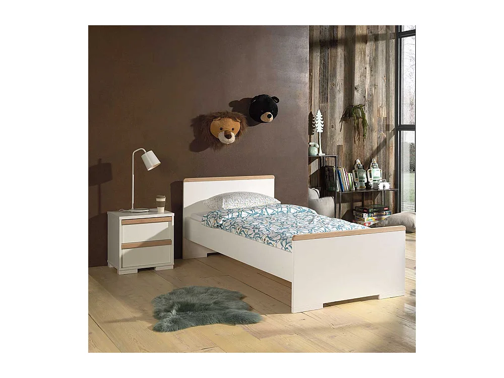 Kinder Jugendbett in Weiß und Buche Nachttisch (zweiteilig)