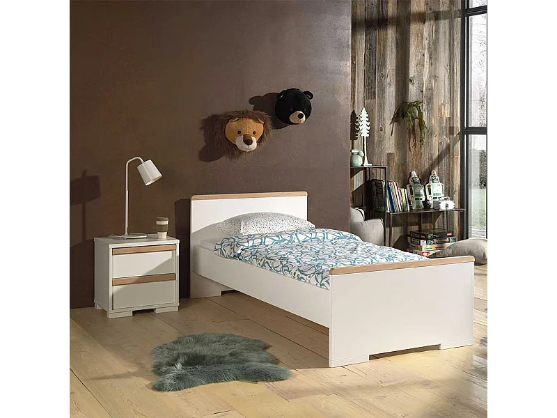 Kinder Jugendbett in Weiß und Buche Nachttisch (zweiteilig)