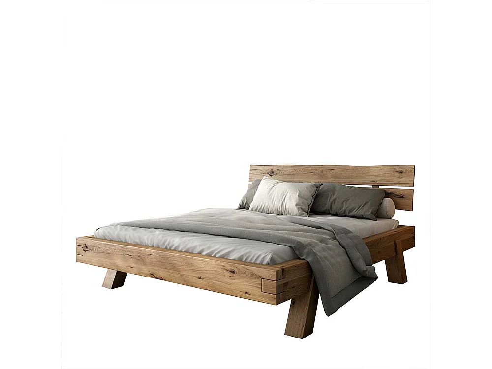 Balken Doppelbett aus Asteiche Massivholz 38 cm Einstiegshöhe