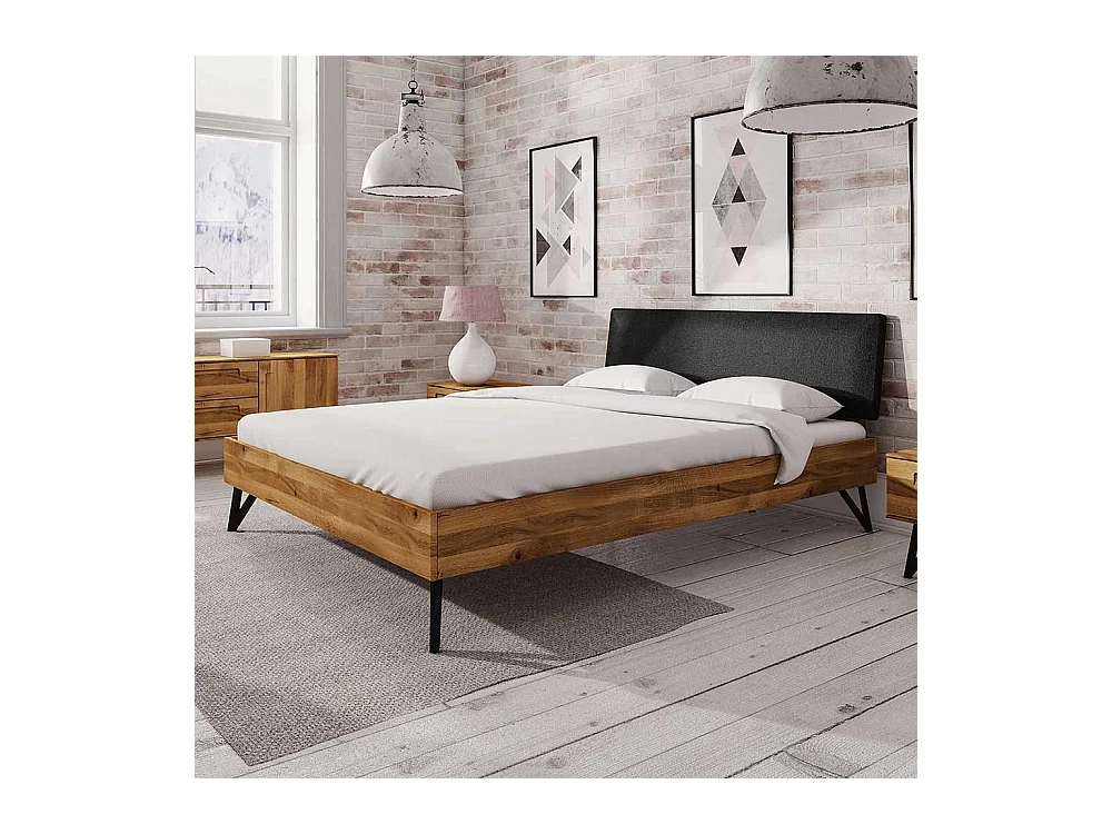 Tiefes Bett aus Wildeiche Massivholz und Stahl gepolstertem Kopfteil