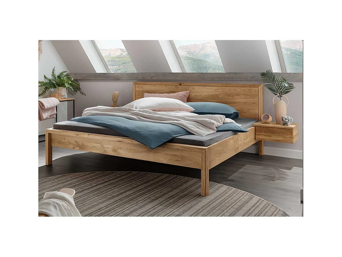 Wildeiche massiv Bett 140x200 in modernem Design 90 cm hoch