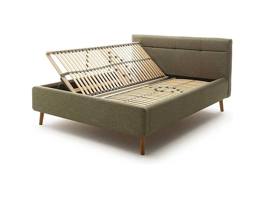 Skandi Polster Doppelbett in Grün Vierfußgestell aus Eiche